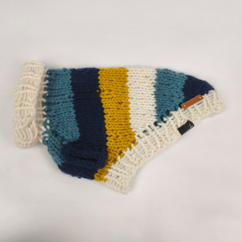 Hundepullover - Handgefertigt aus Merinowolle - blau/weiss/gelb - Mittel