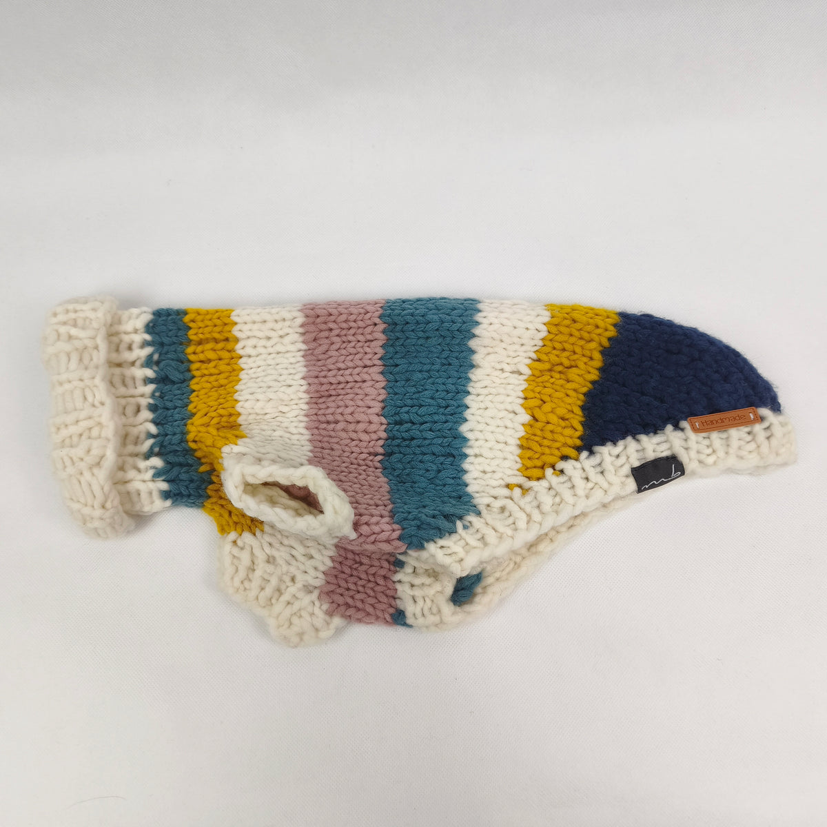 Hundepullover - Handgefertigt aus Merinowolle - blau/weiss/gelb/rosa - Mittel